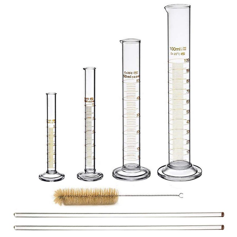 BOMEX Glass Graduated Cylinder Set Thick Measuring Cylinders 5ml 10 ml 50ml 100ml with 2 Glass Stirring Rod and 1 Brush - Image 1